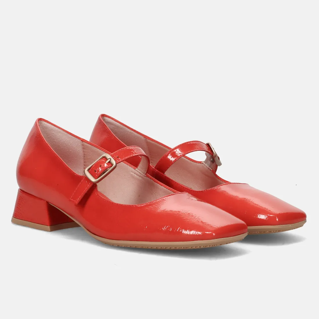 Scarpa Hispanitas in pelle lucida aragosta con tacco basso e cinturino